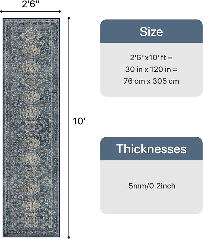 Bavni Washable Runner Rug 2’6”x10’, Non Slip Long Hallway Runner, Vintage Aesthetic Ultra Thin Low Pile Washable Carpet for Kitchen Bedroom, Blue