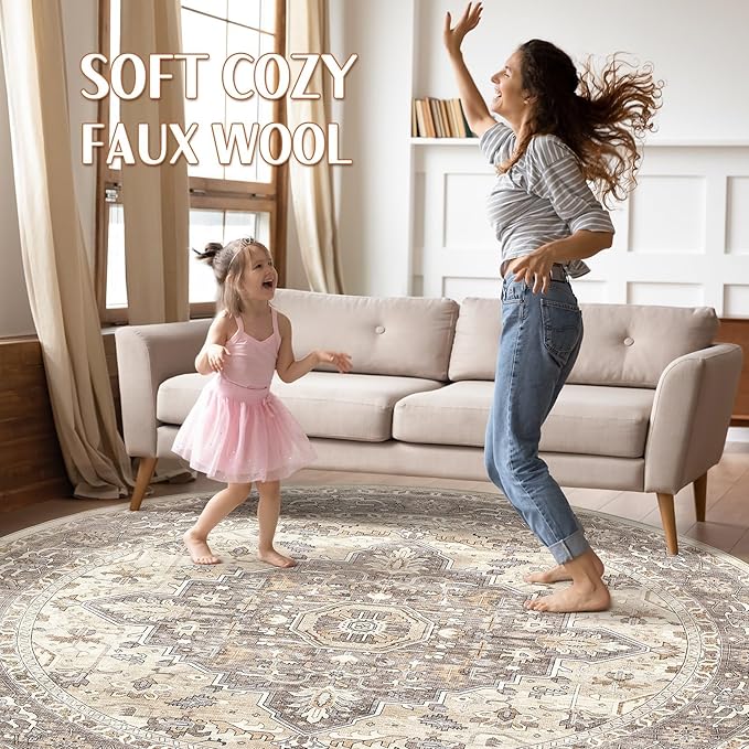 Round Rug Living Room Rugs: 10x10 Washable Boho Neutral Large Circle Soft Indoor Floral Stain Resistant Floor Farmhouse Carpet for Bedroom Nursery Kids Playroom Office Dining Room- Beige Brown