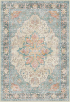 Area Rugs Round 6ft Washable Non-Slip, Floral Vintage Distress Print Pattern Medallion Carpet for Living Room Bedroom Dining Room, Blue Orange Red
