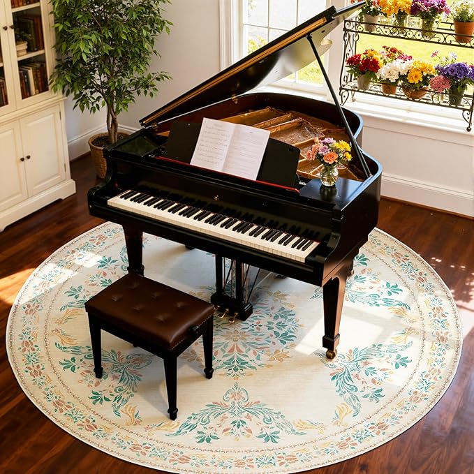 jinchan Round Rug 8ft Area Rug Vintage Floral Distressed Design Machine Washable Soft Non-Slip Low-Pile Ultra-Thin Circle Rug for Living Room Dining Room Bedroom Home Office (8' Round, Apricot Multi)