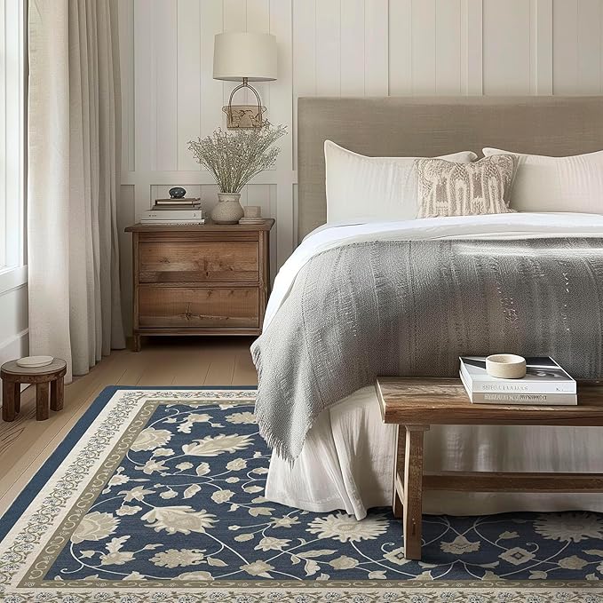EVERGRACE Area Rugs for Living Room 6x9, Boho Floral Faux Wool Indoor Outdoor Rugs, Washable Rugs for Bedroom Dining Room Entryway Kitchen, Low Pile Floor Mat Carpet for Home Decor, Navy Blue