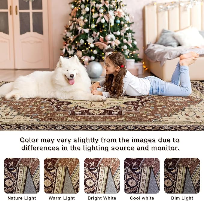 4x6 Mousse Brown Area Rug for Living Room, Machine Washable Rugs with Non-Slip Backing for Bedroom, Vintage Medallion Carpet Kitchen Laundry Kids Room Decor