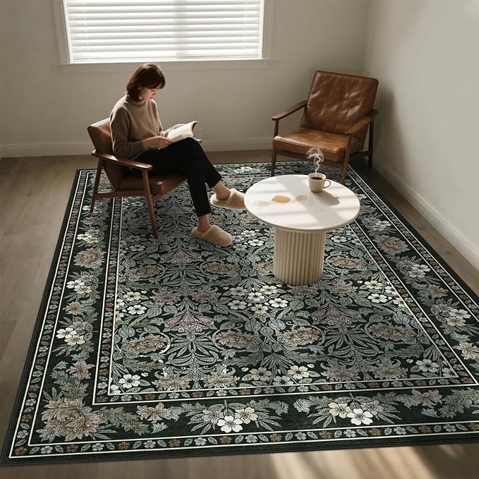 6x9 Black and Green Floral Area Rug for Living Room, Washable Non Slip Rugs for Bedroom Non Slip, Low Pile Large Indoor Accent Carpet for Office, Dining Room, Farmhouse