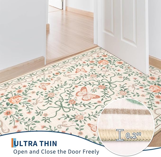 GarveeHome Beige Floral 9x12 Living Room Rugs Non Slip Washable Large Bedroom Throw Carpet Low Pile Butterfly Rug Soft Boho Bow and Flower Carpets for Nursery Home Decor, 9x12