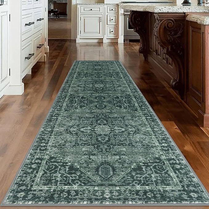 KOZYFLY Long Runners for Hallways 3x10 Ft Washable Kitchen Rug Faux Wool Printed Stair Runner Floor Carpet for Bedroom Entryway Stairs Kitchen Hall Indoor Use, Dark Green
