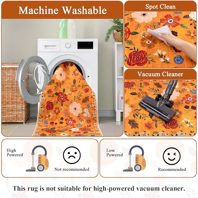 U'Artlines 5x7ft Fall Floral Area Rug, Machine Washable Ultra Soft Low Pile Non Slip Non Shedding Accent Floor Carpet for Living Room, Bedroom, Dining Room, Office (Orange)