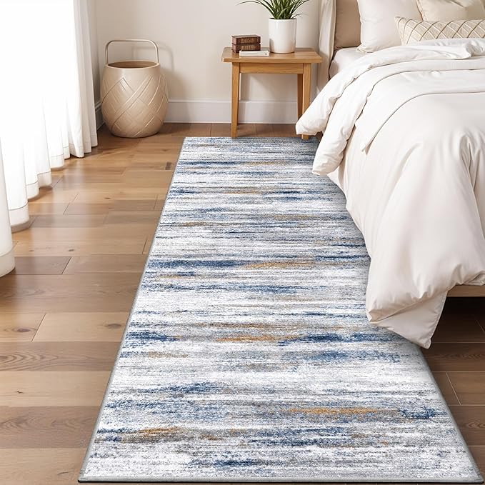 2x5 Washable Runner Rug for Family: Easy-to-Clean Runners for Hallway Entryway Bedroom - Stain and Water Resistant Rugs with Non-Slip Backing - Soft Low-Pile Carpet Navy Grey