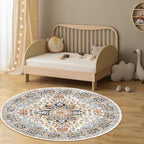 VK VK·LIVING Round Washable Rug 5'Ft Vintage Machine Washable Area Rugs with Non Slip Round Rugs for Living Room Bedroom Traditional Woven Carpet Stain Resistant Dining Home Office Boho Rug (Blue)