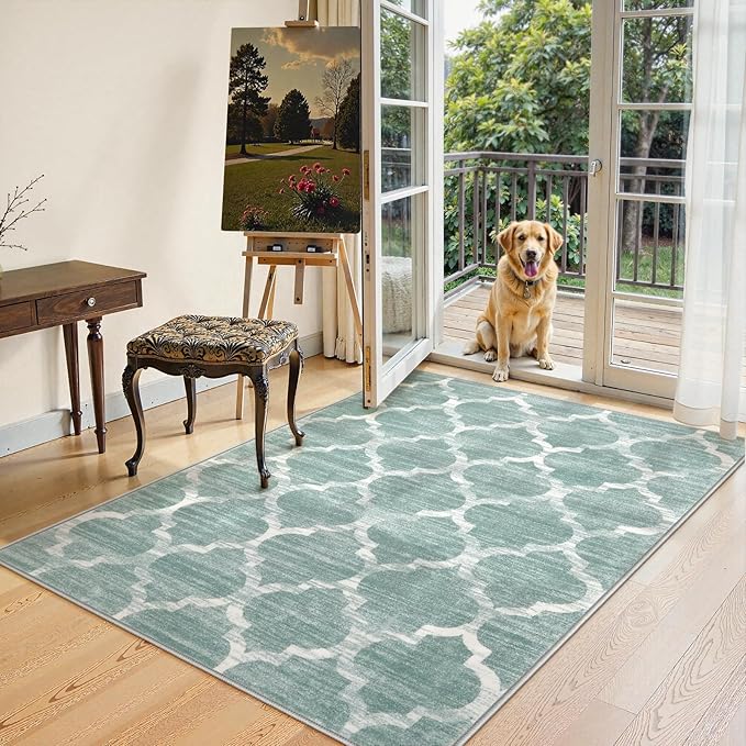 Lahome Moroccan Washable Living Room Carpet - Area Rug 4x6 Entryway Rug Non-Slip Soft Large Rugs for Bedroom Throw Low-Pile, Sage Green Print Distressed Modern Rug for Office Kitchen Dorm Entryway