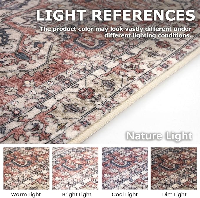KOZYFLY Boho Area Rug 5x7 Ft Thin Washable Rugs for Living Room Faux Wool Throw Carpet Printed Non Slip Rug for Entryway Bedroom Dining Room Living Space, Terracotta/Beige