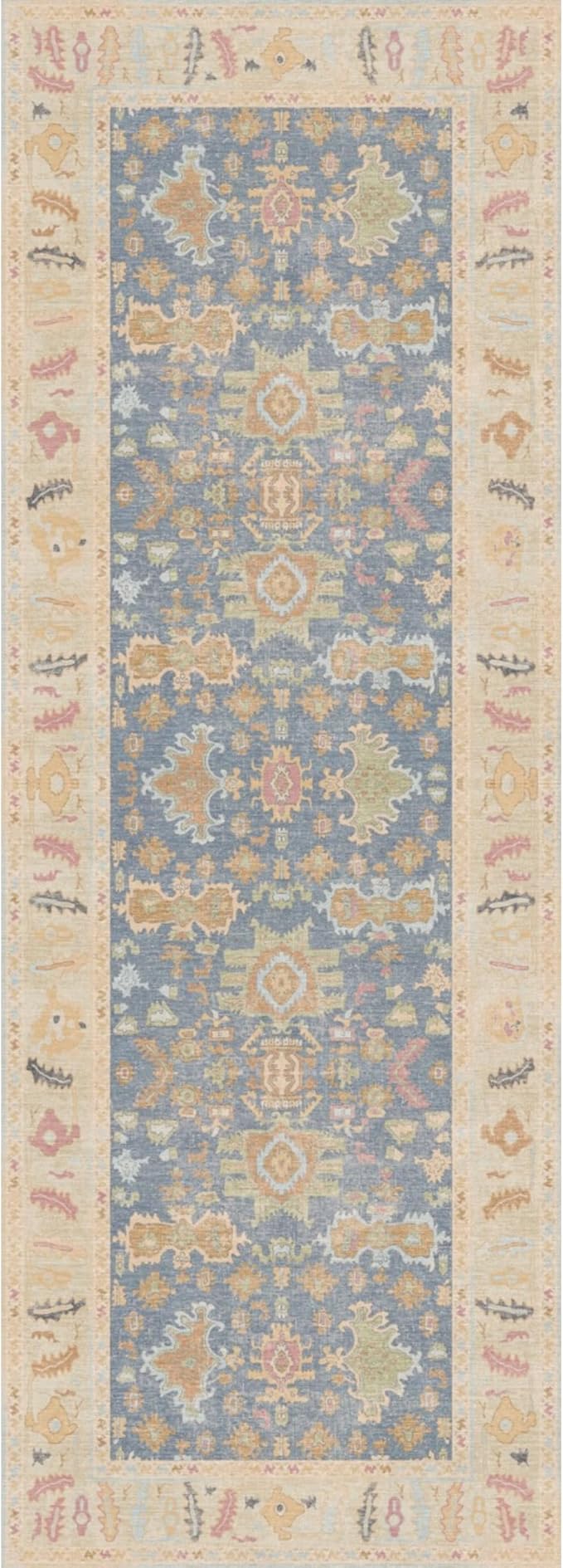 Kuden 2'6"x10 Runner Rug, Machine Washable Area Rug with Non-Slip Backing, Vintage Style, Soft, Easy Clean, Low Pile Rug for Hallway, Entryway, Kitchen, Bedroom