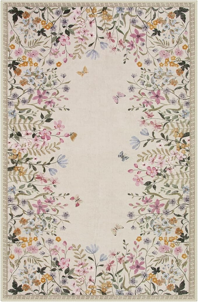 Wonnitar Washable 4x6 Rug for Bedroom, Floral Print Area Rug for Living Room, Non-Slip Entryway Throw Mat, Low Pile Botanical Area Rug Floor Carpet for Bedside (Beige,4'x6')
