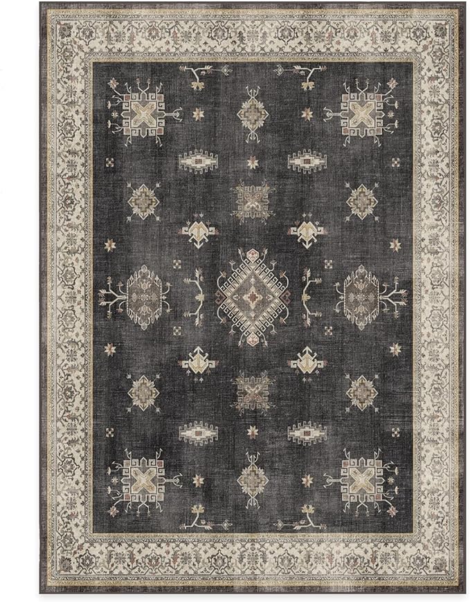 RUGGABLE Washable Vintage Area Rug – Verena Dark Wood 5x7, Stain-Resistant, Non-Slip – Medium Machine Washable Rugs for Living Room, Bedroom, Hallway, Entryway & Office–with Cushioned Pad