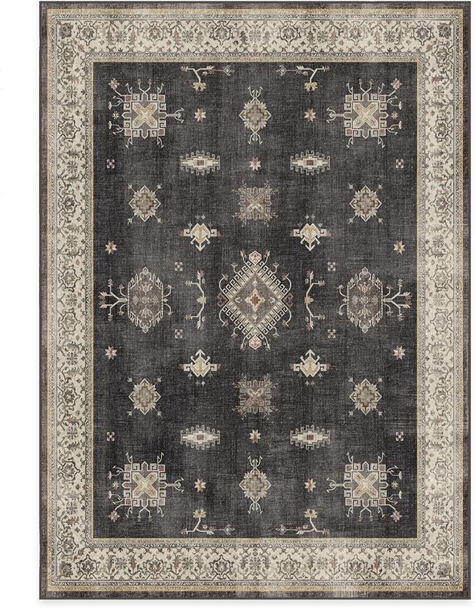 RUGGABLE Washable Vintage Area Rug – Verena Dark Wood 5x7, Stain-Resistant, Non-Slip – Medium Machine Washable Rugs for Living Room, Bedroom, Hallway, Entryway & Office–with Standard Pad