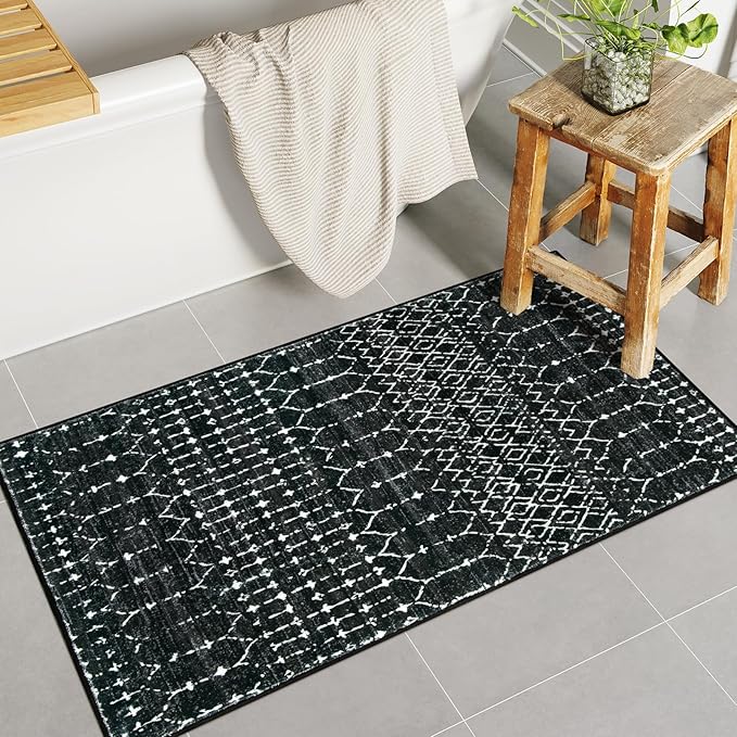 Lahome Moroccan Black Area Rug Non-Slip Low-Pile Washable Entryway Rug Kitchen Bath Mat 2'x4' Geometric Print Carpet for Hallway Bedroom