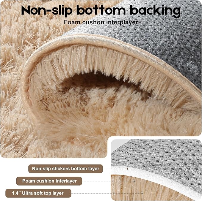 3x5 Light Tan Rugs for Bedroom Living Room, Fluffy Small Area Rug Soft Shag Carpet for Kids Boys and Girls Room with 4 Rugs Non-Slip Stickers Dorm Home Decor (3ft x 5ft)