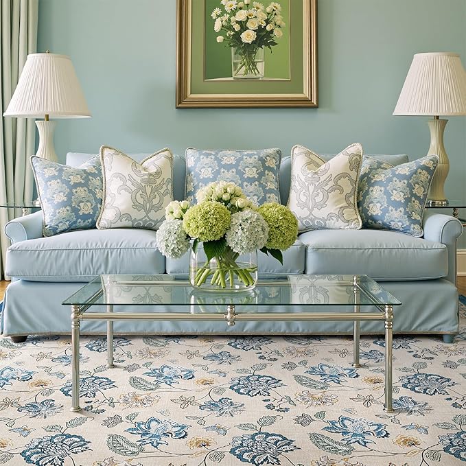 jinchan Elora 8x10 Floral Rug for Living Room Washable Bedroom Rug Vintage Romance Design Non Slip Thin Indoor Floor Cover Large Low-Profile Throw Carpet for Dining Room Office, Blue/Beige