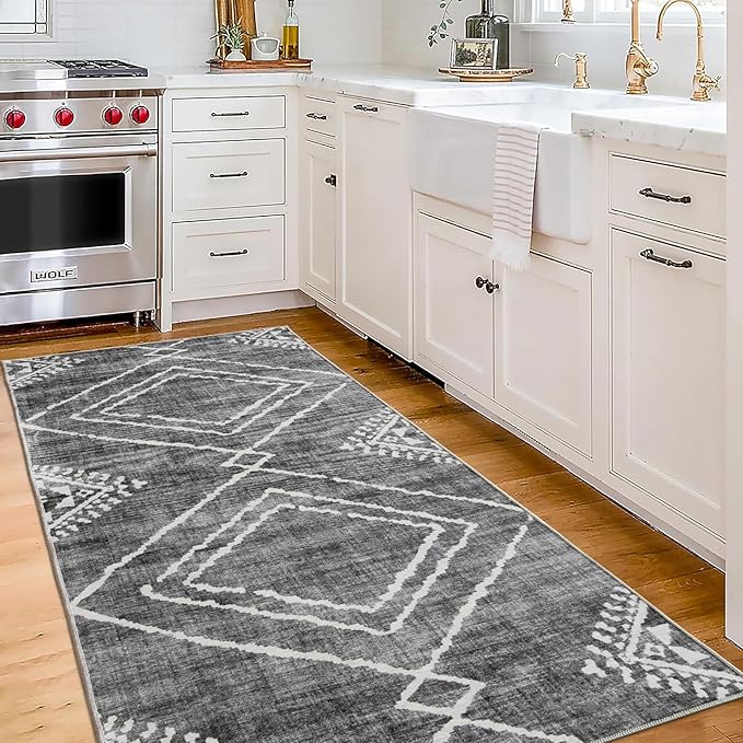 ReaLife Rugs Machine Washable Area Rug Runner - Living Room Bedroom Bathroom Kitchen Entryway Office - Padded Low Pile Stain Resistant Premium - Moroccan Diamond Tribal - Jax - Gray 2'6" x 10'