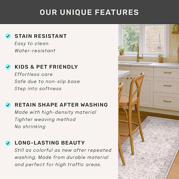 Light Gray Washable 2'6"x8' Wide Runner Rugs for Kitchen, Bathroom, Hallway, Non-Slip & Stain Resistant Long Floor Rug, Neutral Boho Floral Décor