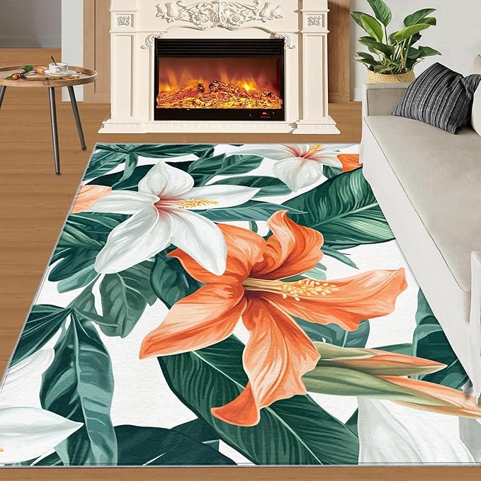 Lily Flowers Rugs for Bedroom - 3x4 Area Rug - Abstract 3D Flowers Rugs for Living Room, Tropical Plants Rug, Washable Home Decor Carpet