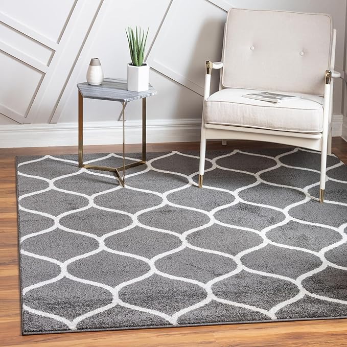 Rugs.com Lattice Frieze Collection Rug – 8' Square Dark Gray Medium Rug Perfect for Living Rooms, Kitchens, Entryways