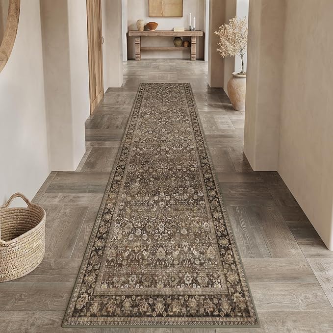 HUGEAR 2x10 Runner Rug Machine Washable Brown Hallway Area Rug Indoor Accent Rug Floral Low Pile Carpet Soft Throw Rug Bedroom Living Room Office Dining Room Kitchen Laundry Room Non Slip