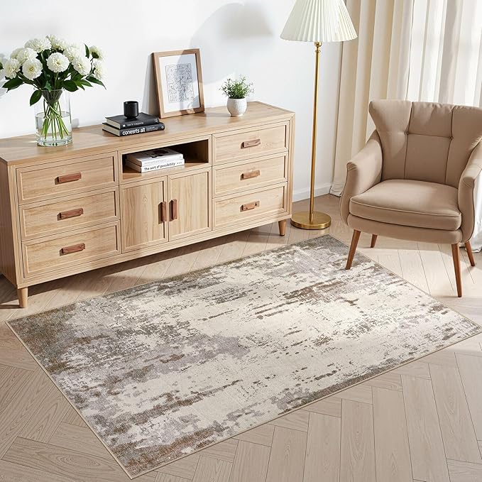 3x5 Area Rug Living Room Rugs - Washable Neutral Modern Abstract Soft Thin Rug Indoor Floor No Slip Rug Carpet for Bedroom Under Dining Table Home Office Decor - Brown/Grey/Beige