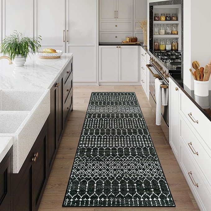Lahome Moroccan Black Washable Runner 2x5 Non-Slip Lightweight Laundry Room Rug Throw Soft Long Bathroom Rug, Geometric Print Carpet Runners for Kitchen Hallway (Black, 2'x5'')