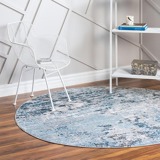 Rugs.com Leipzig Collection Rug – 4 Ft Round Blue Low-Pile Rug Perfect for Kitchens, Dining Rooms