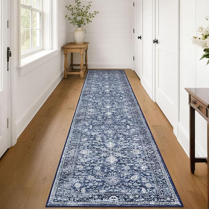 KILOCOCO Runner for Hallway 3x14 Runner Rug Printed Vintage Floral Washable Rug Kitchen Runners Soft Non-Slip Low Pile Hallway Runners Laundry Room Distressed Boho Rugs, Blue