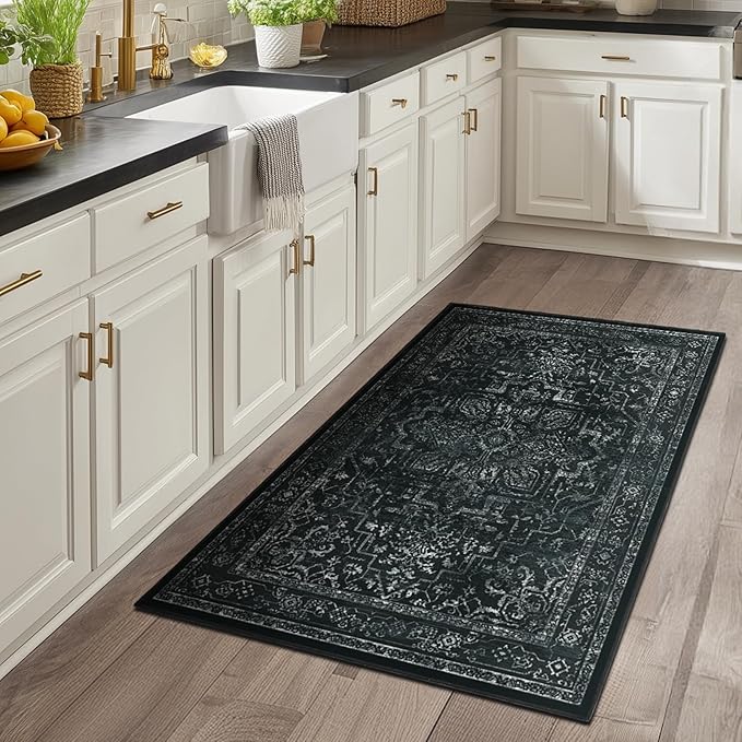 Black Distressed 3x5 Area Rugs for Entryway Foyer, Washable Non Slip Low Pile Throw Rugs for Kitchen, Dark Vintage Medallion Pinted Carpet for Bedroom/Bathroom/Closet/Dorm/Home Office