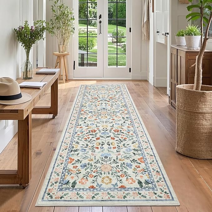 GarveeHome Washable Runner Rug 2.5 x 8 Non-Slip Non-Shedding Soft Vintage Bedside Low Pile Farmhouse Floral Carpet, Indoor Foldable Printed Entryway Rug for Hallway Kitchen, Green