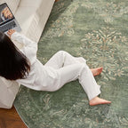 jinchan Round Rug 6ft Area Rugs Vintage Floral Distressed Design,Machine Washable Soft Non-Slip Low-Pile Ultra-Thin Circle Rug for Bedside Living Room Dining Room Bedroom (6' Round, Dark Green)