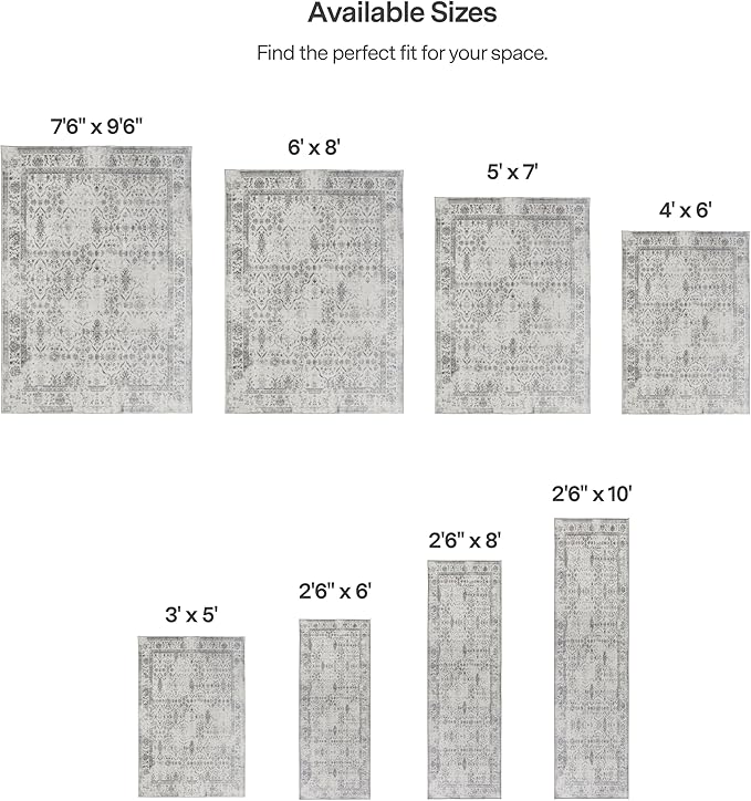 ReaLife Rugs Machine Washable Area Rug - Living Room Bedroom Bathroom Kitchen Entryway Office - Padded Low Pile Stain Resistant Premium - Boho Farmhouse Vintage - Noor - Ivory Grey 7'6" x 9'6"