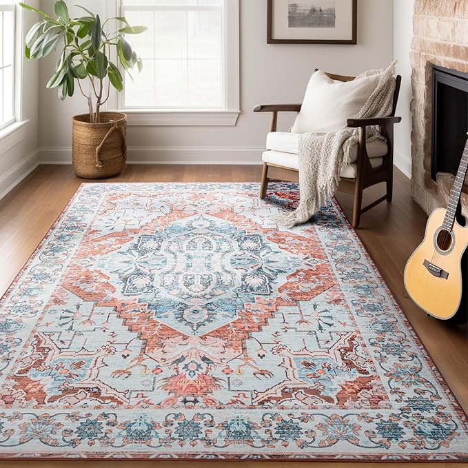 5x7 Washable Rug – Boho Non-Slip Indoor Area Rug for Living Room, Bedroom, Dining Room, Entryway – Light Blue and Terracotta Bohemian Style