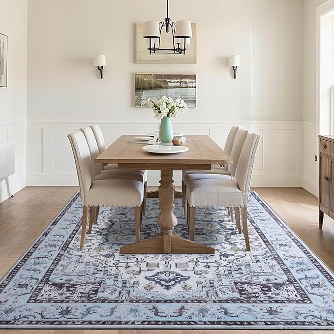 Washable Area Rugs 5x7, Low Pile Soft Vitnage Distressed Rug for Bedroom, Living Room, Dining Room, Non-Slip, Low Pile, Blue