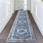 KOZYFLY Runners for Hallways 2.6x14 Ft Extra Long Washable Kitchen Runner Rug Boho Runner Rug for Entryway Indoor Blue Printed Oriental Faux Wool Stair Floor Carpet Runner for Stair Kitchen Hall