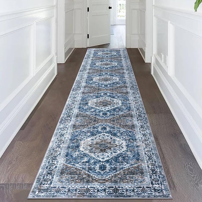 KOZYFLY Runners for Hallways 2.6x14 Ft Extra Long Washable Kitchen Runner Rug Boho Runner Rug for Entryway Indoor Blue Printed Oriental Faux Wool Stair Floor Carpet Runner for Stair Kitchen Hall