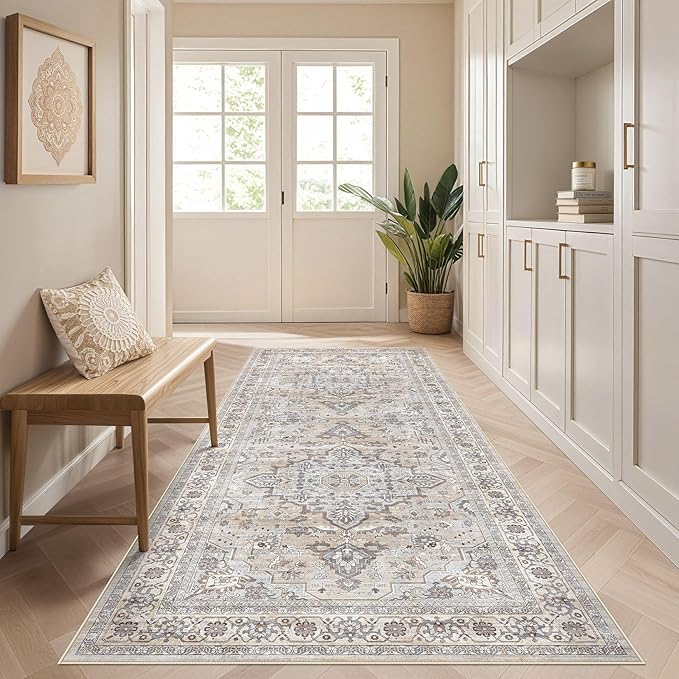 Runner Rug Kitchen Washable Rugs: 3x8 Non-Slip Boho Soft Vintage Stain Resistant Indoor Floor Neutral Farmhouse Throw Carpet for Hallway Bathroom Laundry Room Entryway Bedroom- Ivory Gray