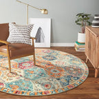 Lahome Moroccan Trellis Washable Round Area Rug, Round Rug 5ft Soft Non-Slip, Non-Shedding Distressed Circle Carpet for Bedroom Living Room Bathroom Nursery Kitchen, Cream/Multi