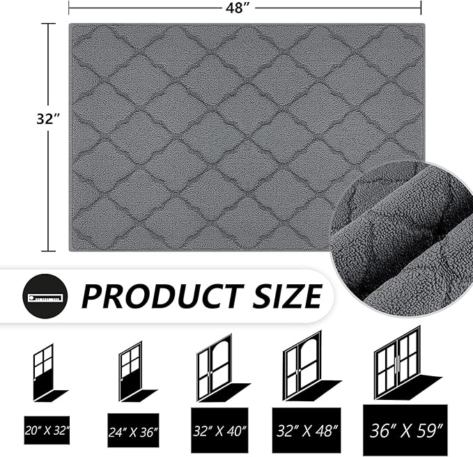 Timo Indoor Door Mat, Front Door Rug 32"x48" Rubber Backing Non Slip Absorbent Doormat, Resist Dirt Indoor Mats for Front Door Entry, Machine Washable Entry Rug for Home Muddy Wet Shoes, Grey