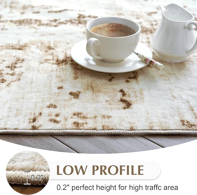 FMFUNCTEX 4x6 Washable Area Rug Brown Beige Abstract Modern Neutral Non Slip Low Pile Indoor Carpet Soft Thin Throw Rug for Entryway Entrance Living Room Bedroom Dining Office Nursery Kitchen Laundry