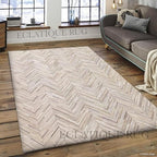 Elegant Rectangular Rug Cowhide Leather Stylish Luxury Non Slip Chevron Patchwork Area Rug for Living Room and Home Décor Floor Carpet (Beige-6 x 9 ft)