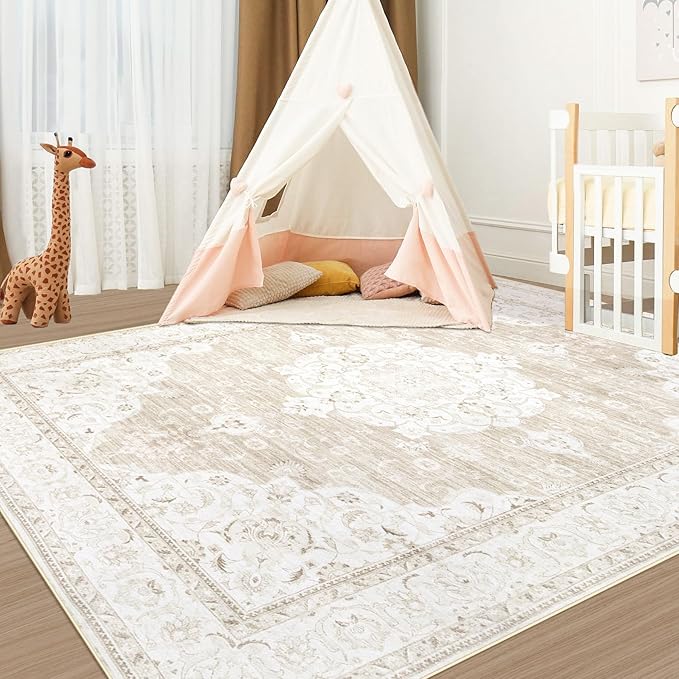 Area Rug 4x6 Entryway Rugs - Machine Washable Vintage Boho Area Rug Non-Slip Bedroom Rugs Soft Stain Resistant Living Room Carpet, Oriental Distressed Rug for Dining Room Nursery(Boho Beige, 4'x6')