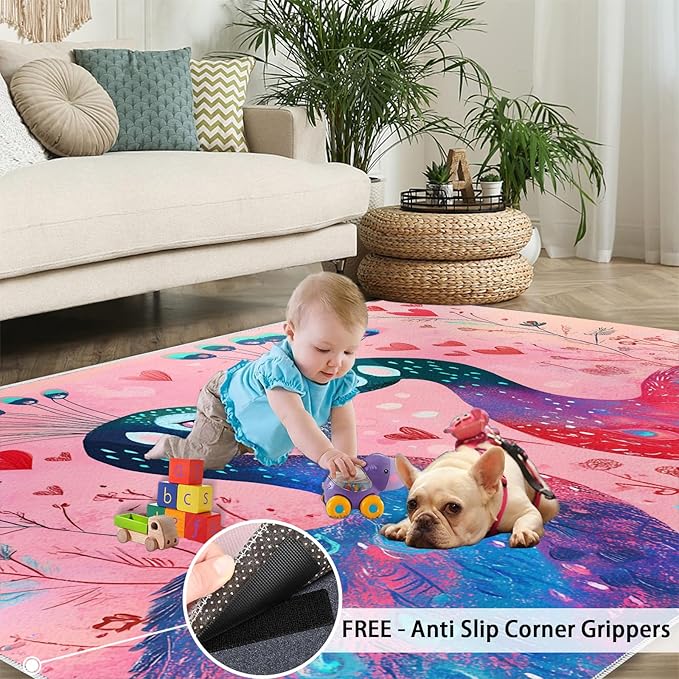 Cartoon Peacock Rug Large - 5x7 Rug, Colorful Peacock Washable Rugs for Living Room, Floral Botanical Carpet, Boho Non-Slip Area Rugs for Bedroom, Peafowl Carpet - Peafowl Home Decor & Gifts