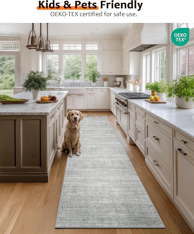 Art&Tuft Runner Rug 2x5 Non-Slip - Low-Pile Washable Runner Rug for Hallway, Soft Distressed Carpet Runner for Bedroom Bathroom Kitchen Laundry Living Room, Grey