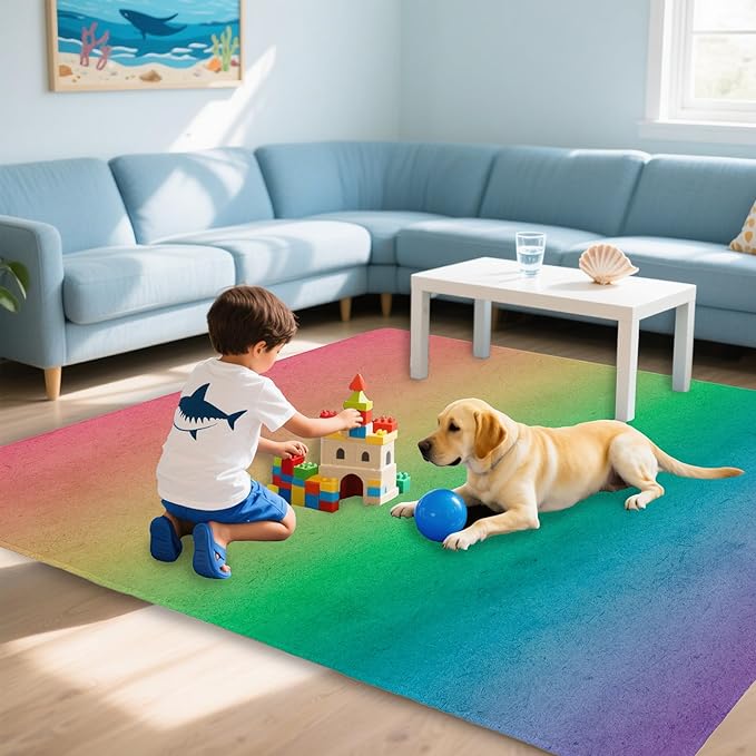 Rainbow Washable 3x5 Area Rugs for Living Room, Thin Low Pile Contemporary Carpet, Non-Slip Base Lightweight Rug