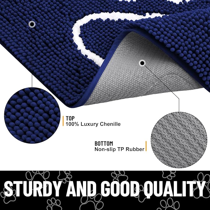 Smiry Dog Door Mat for Muddy Paws, Absorbent Dirt Trapper Non Slip Quick Dry Washable Chenille Mat for Mud Dogs, Entry Rug for Indoor and Outdoor (70x24 Inches, Navy Blue and White)