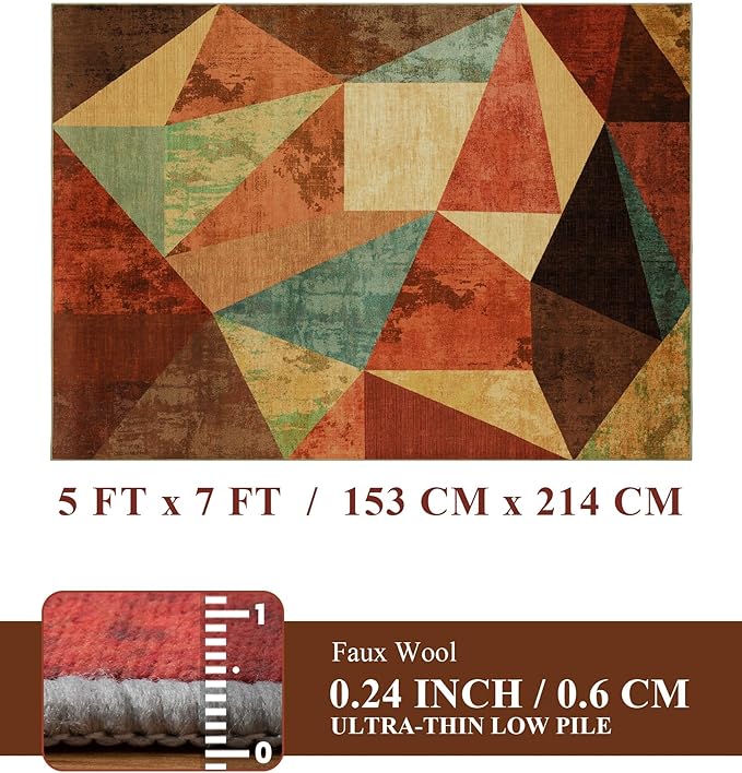 YIHOUSE Brown Area Rug 5x7,Geometric Burnt Orange Area Rug Non Slip,Farmhouse Rugs Washable,Vintage Burgundy Carpets for Bedroom, Boho Rug for Kitchen,Dining Room