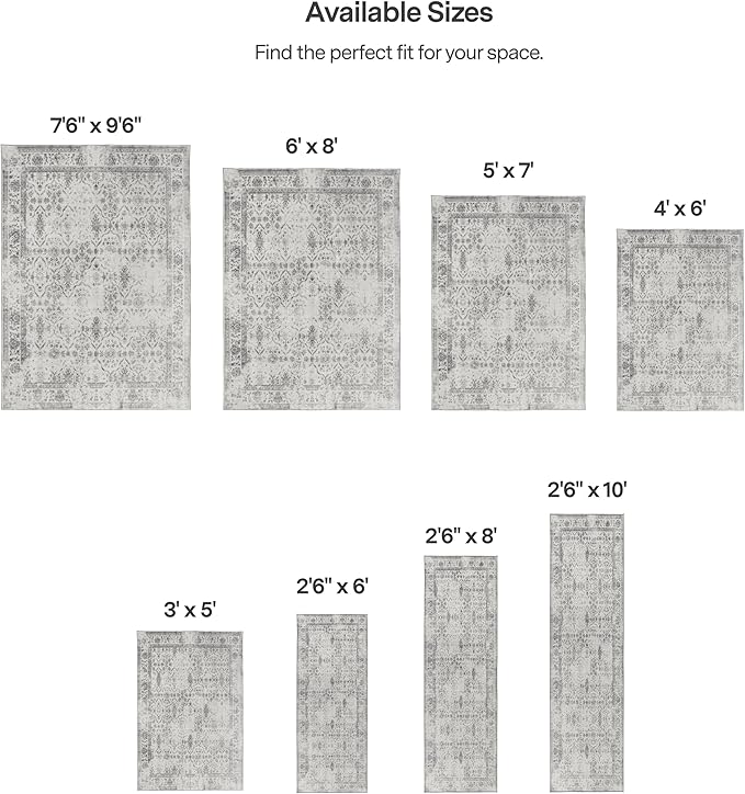 ReaLife Rugs Machine Washable Area Rug Runner - Living Room Bedroom Bathroom Kitchen Entryway Office - Padded Low Pile Stain Resistant Premium - Boho Farmhouse Vintage - Noor - Ivory Grey 3' x 5'